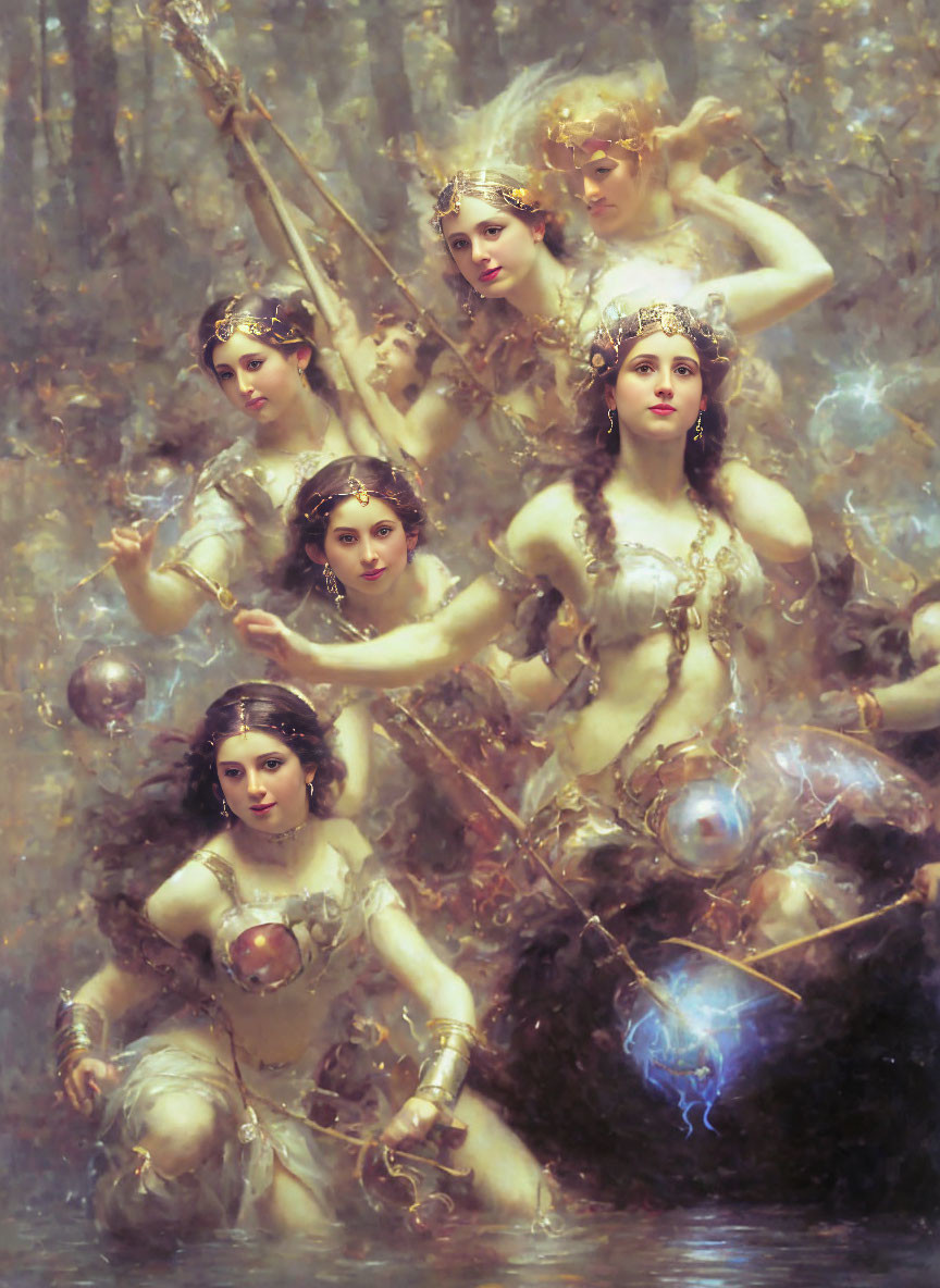 Mythological female figures in ethereal attire with spears and shields in mystical forest.