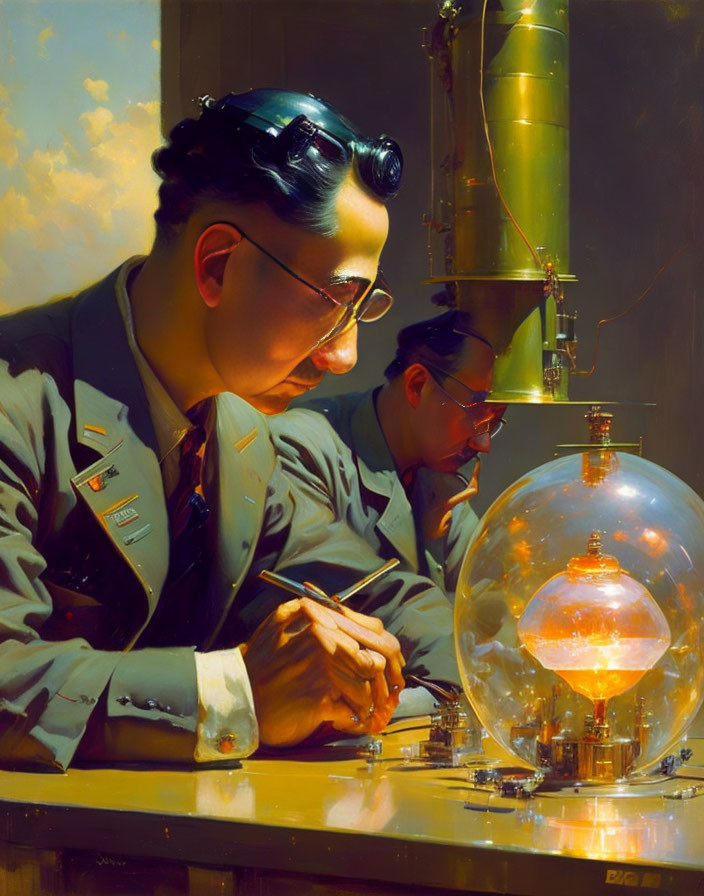 Two men in lab coats with scientific apparatus and glowing orb on desk.