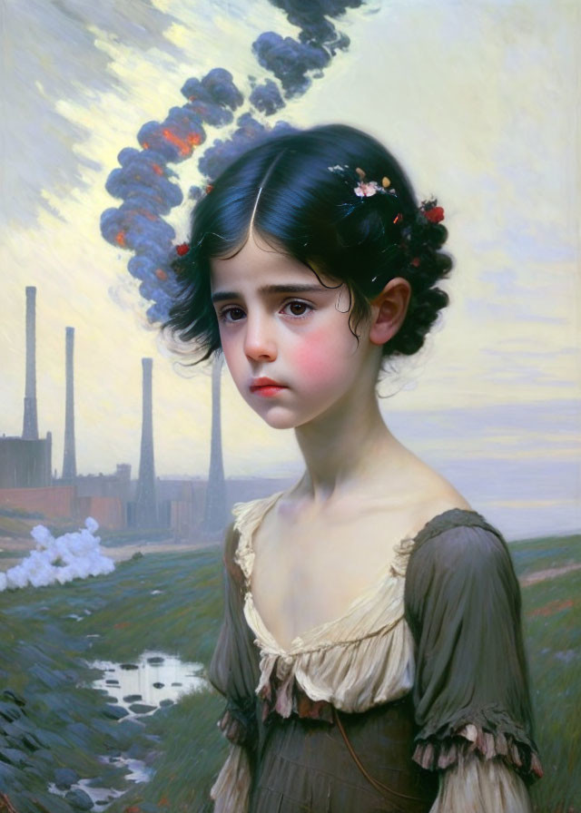 Portrait of young girl in vintage dress with sad expression, set against industrial smokestacks.