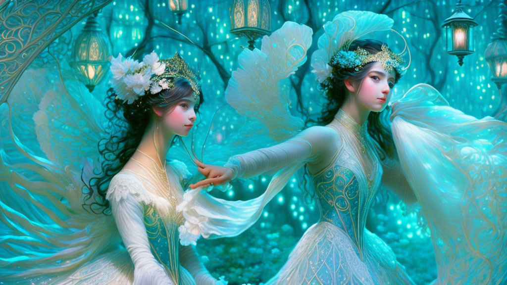 Ethereal women in white and blue gowns in magical forest with teal light