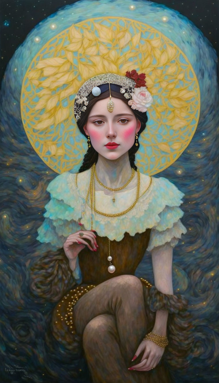 Surreal portrait of woman in vintage attire with ornate headpiece under starry sky