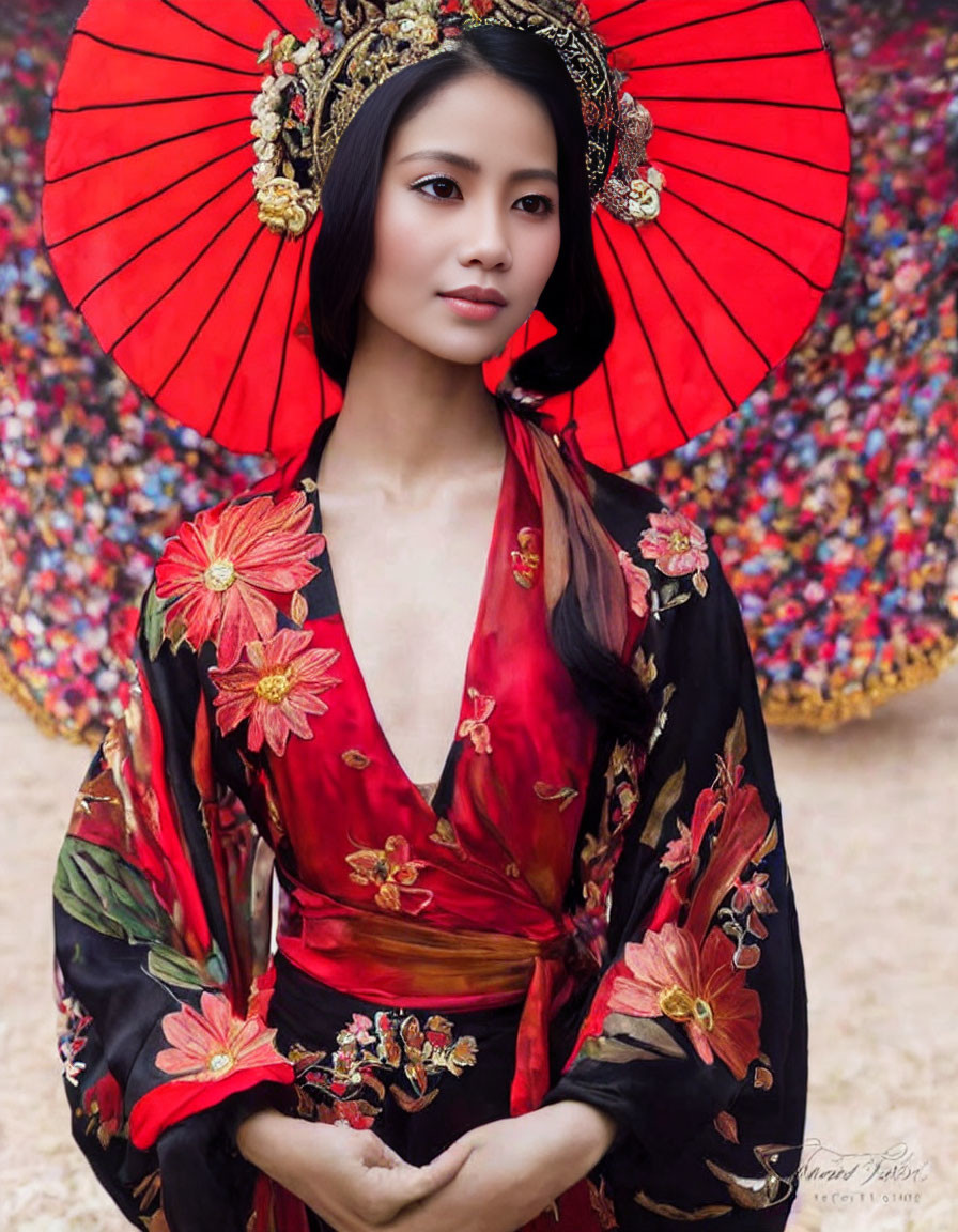 Woman in Red Floral Kimono with Ornate Headpiece and Red Parasol on Colorful Background