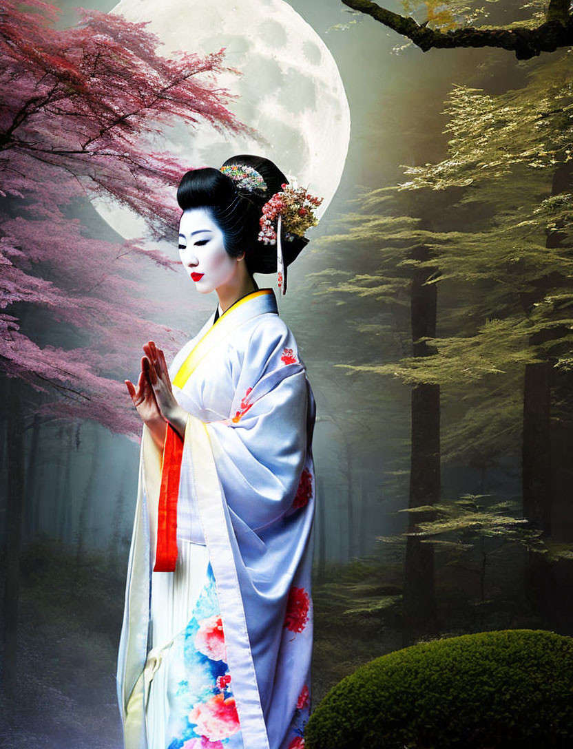 Traditional attire geisha under full moon in cherry blossom forest