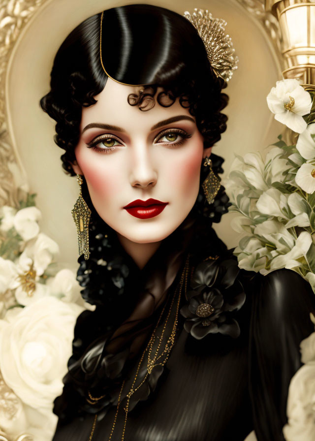 Sophisticated woman with 1920s hairstyle and red lipstick, adorned with gold jewelry, among