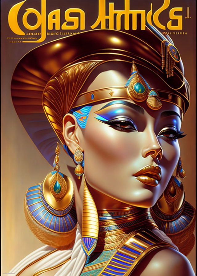 Stylized illustration of Cleopatra-like woman in gold & blue tones