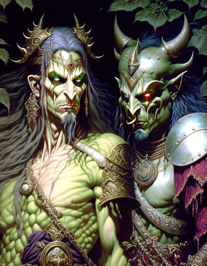 Fantasy characters with purple and green skin, elf-like ears, golden crowns, horns, red