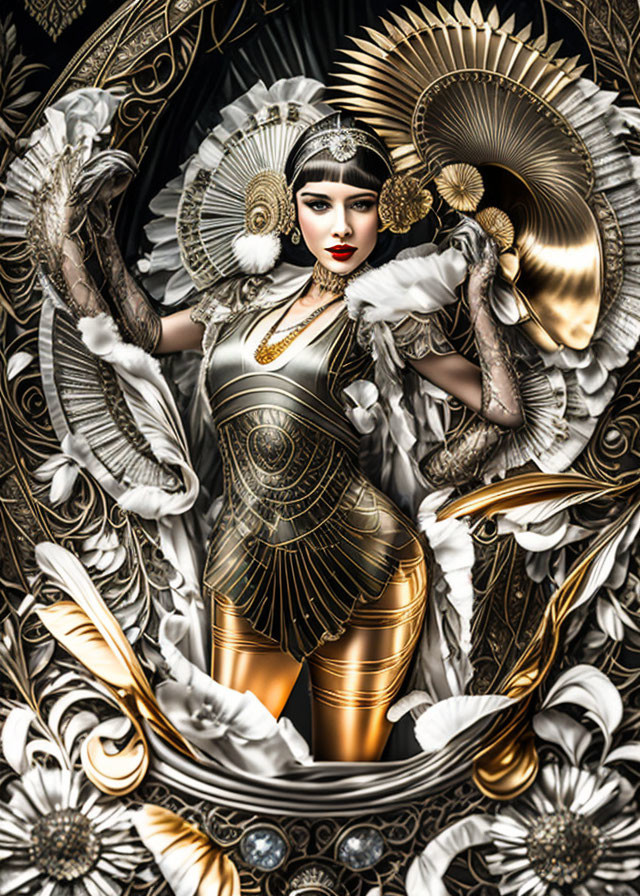 Luxurious digital artwork featuring a woman in ornate gold and white attire