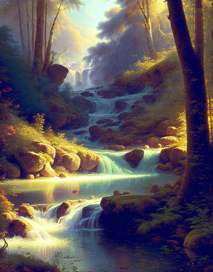 Tranquil digital artwork: cascading waterfall in lush forest