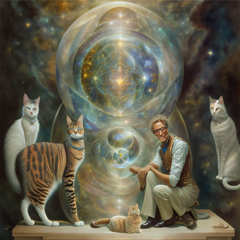 Man with Four Cats in Cosmic Setting with Celestial Orbs and Shapes