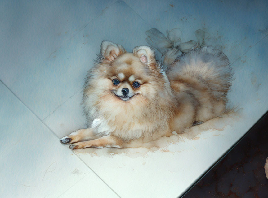 Realistic Watercolor Painting of Fluffy Pomeranian on Tiled Floor