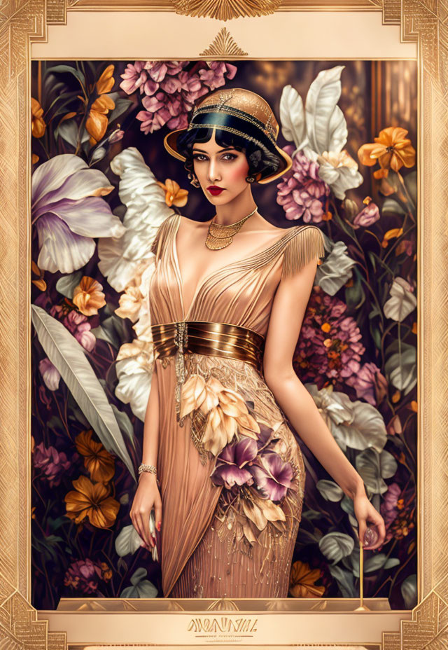 Illustration of woman in 1920s flapper dress with cloche hat in floral frame