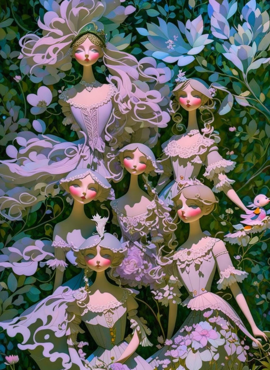 Six female figures with intricate hair and dresses in a floral setting.