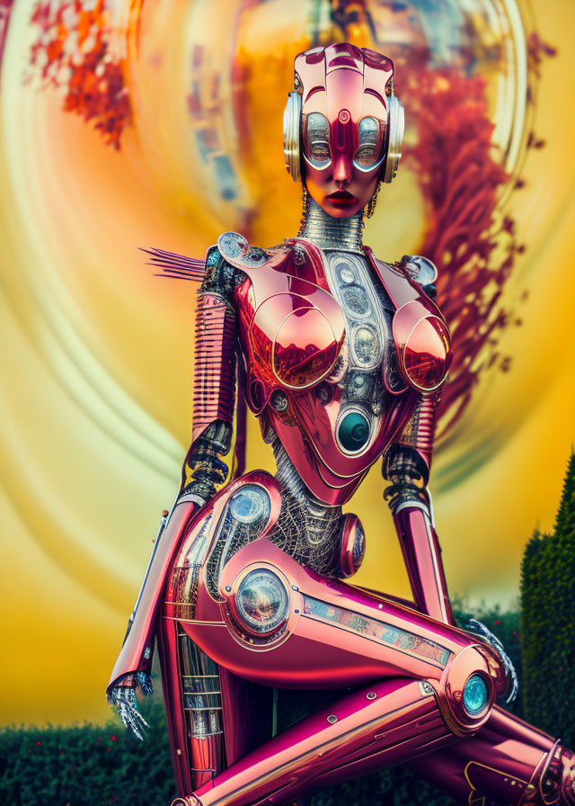 Pink and Silver Futuristic Robot on Vibrant Background