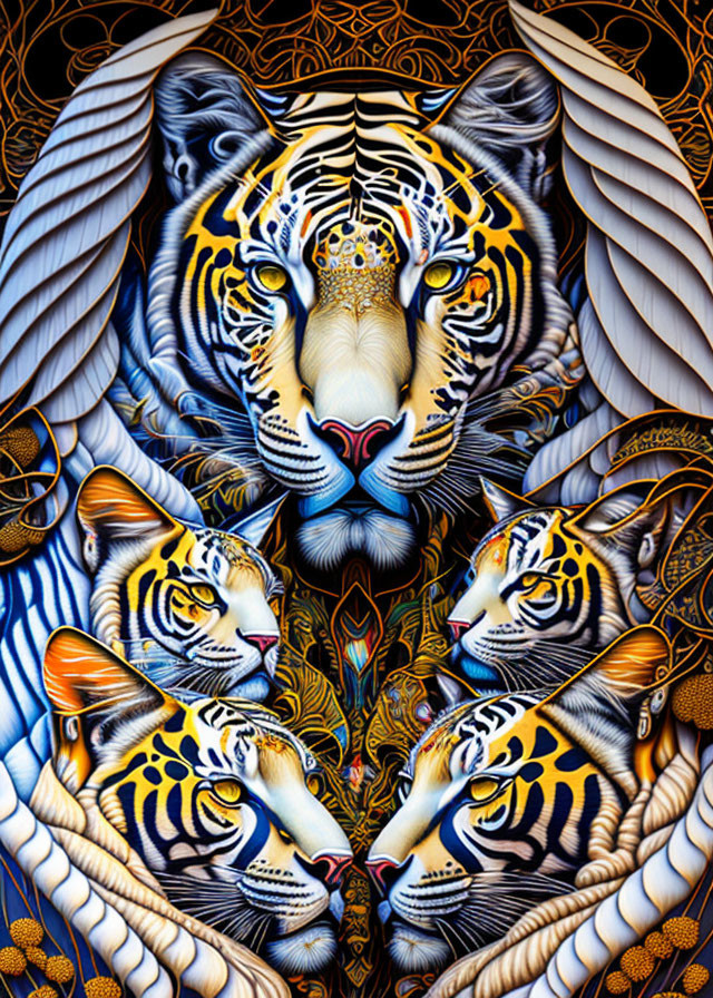 Colorful Tiger Artwork Featuring Intricate Patterns & Floral Motifs