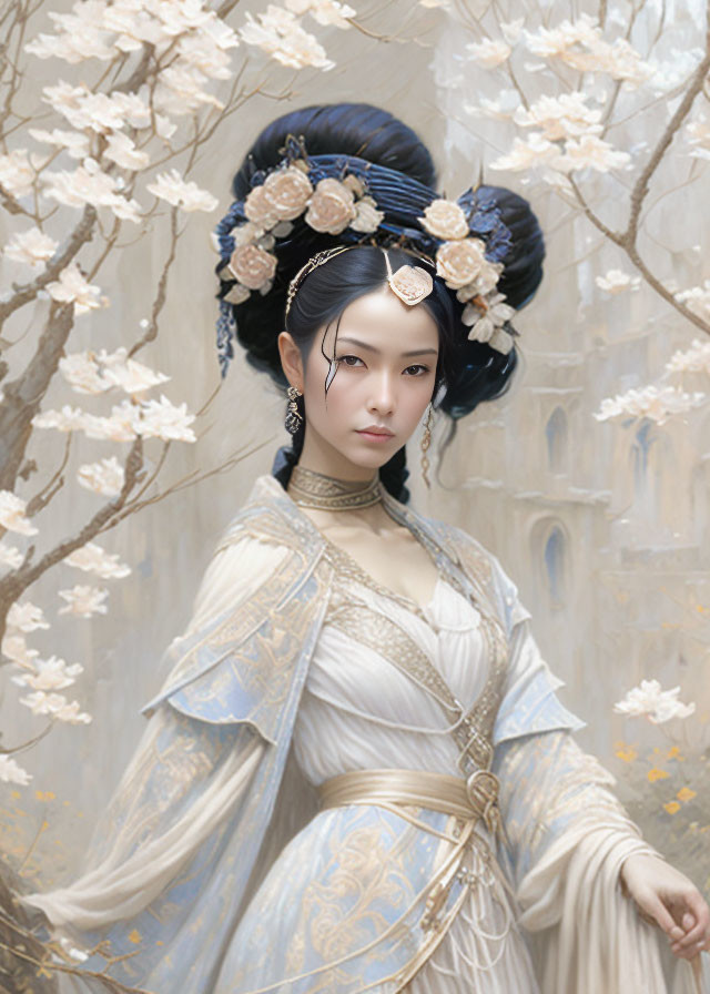 Historical Asian woman in ornate attire with elaborate hairstyle among white blossoms and faint castle backdrop