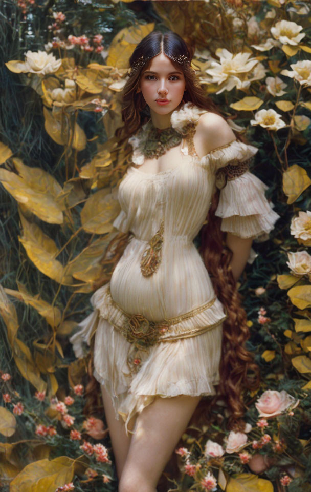 Vintage woman in cream dress among yellow roses with wavy hair and golden belt