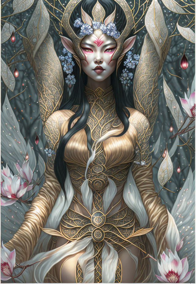 Ethereal fantasy figure in golden armor with white hair amid blooming flowers