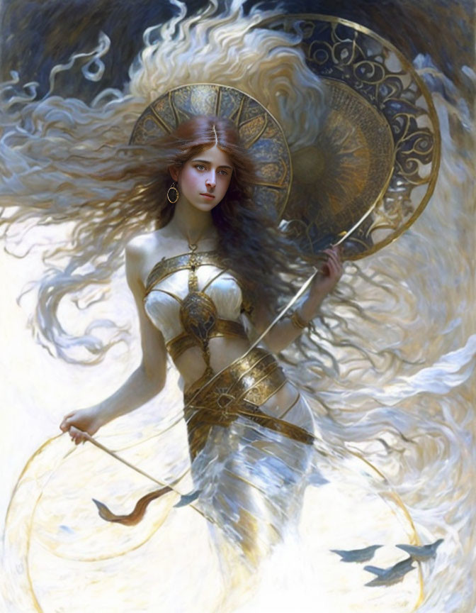 Fantasy artwork of a woman with halo, staff, and shield