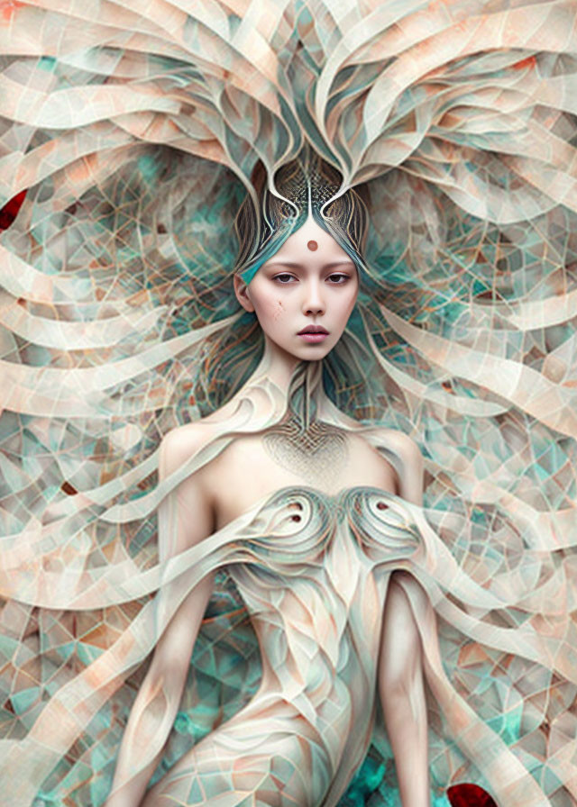 Surreal artwork featuring pale female figure with fractal-like wings.