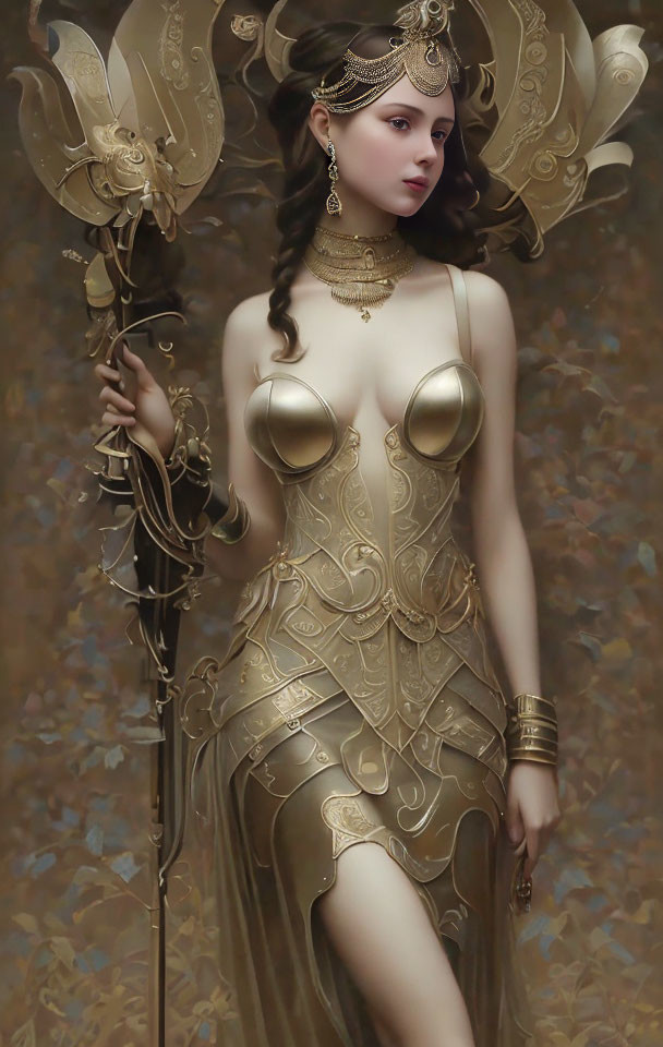 Golden fantasy armor woman with staff and floral headpiece in elegant pose