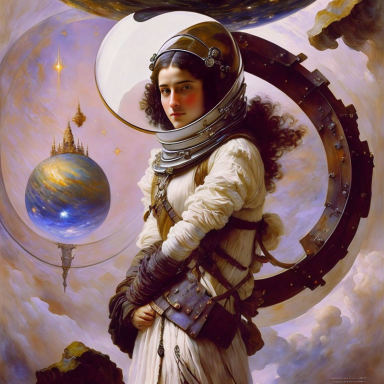 Vintage spacesuit woman against celestial backdrop.