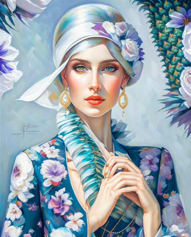 Illustration of woman with blue eyes in floral dress and headscarf