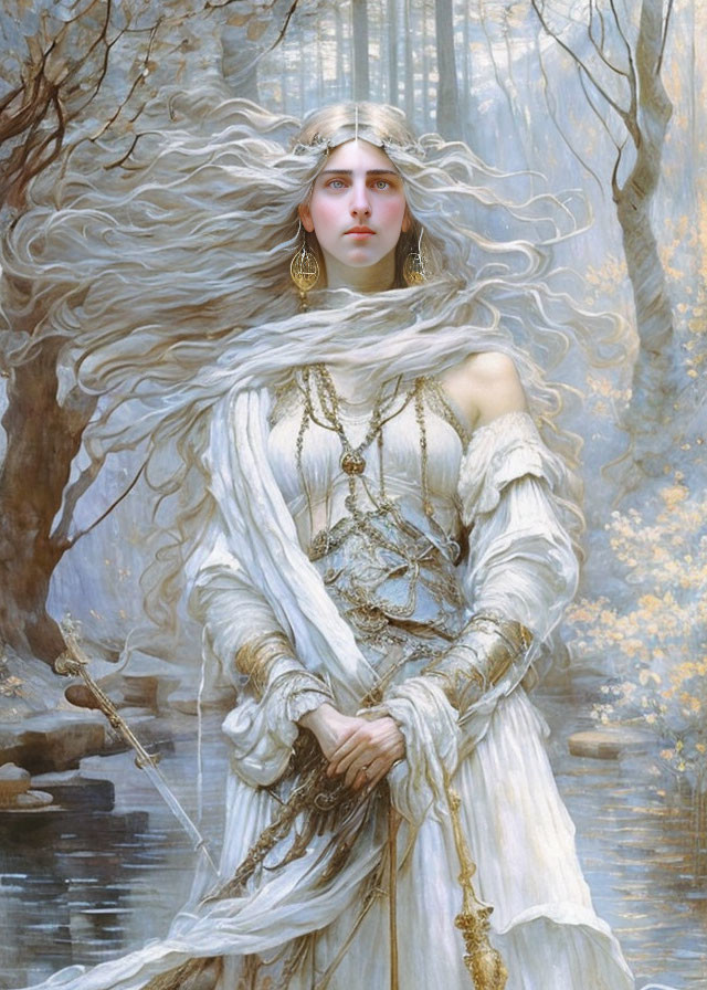 Woman with White Hair and Golden Jewelry in Misty Forest Scene