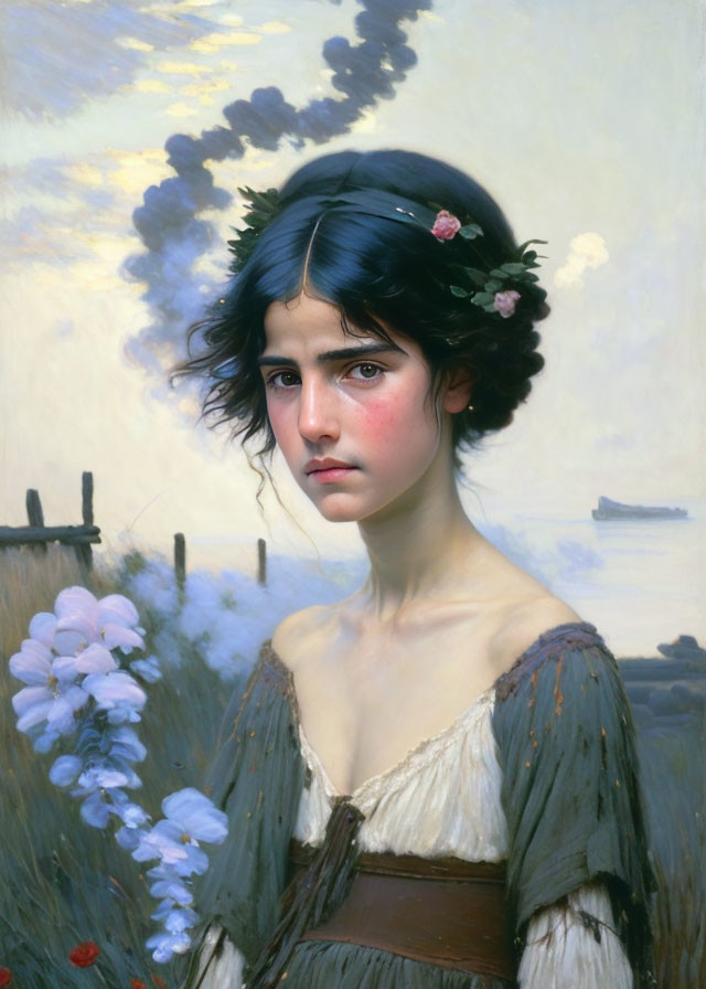 Young girl with flower crown in rustic dress, tears, sea, sky, and flowers.