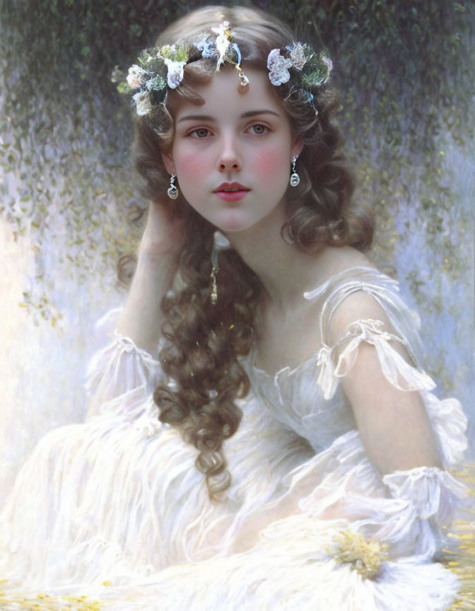 Ethereal woman with floral headpiece in white dress amid dreamy background