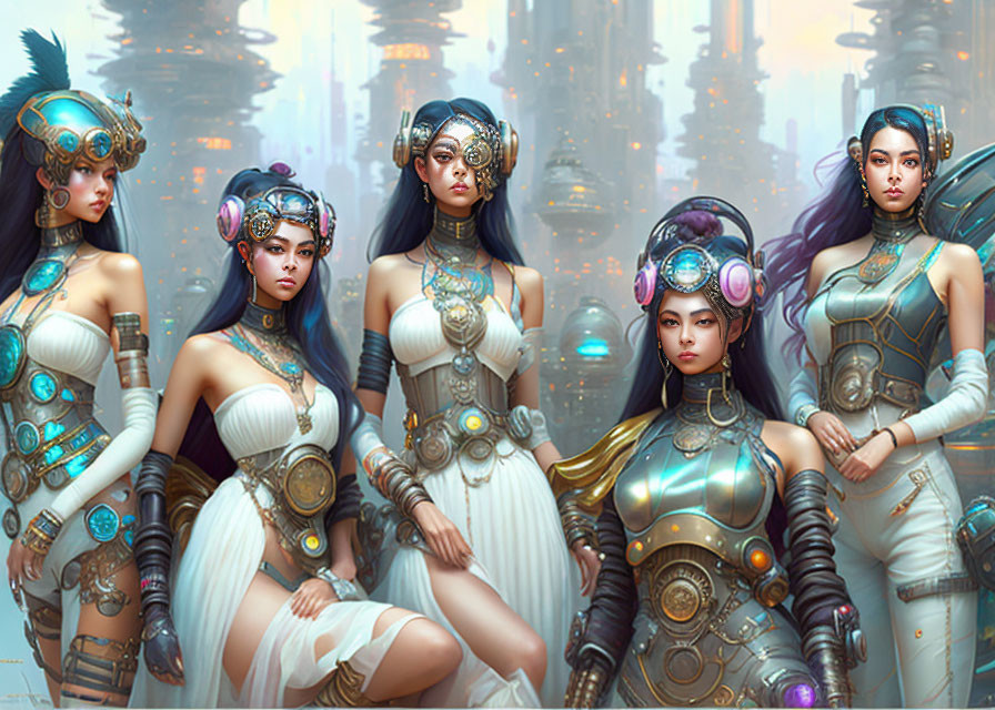 Stylized female figures in futuristic outfits with elaborate headgear against blurred cityscape