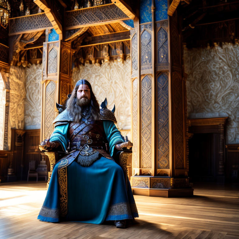 Bearded Figure in Medieval Attire on Throne in Sunlit Hall