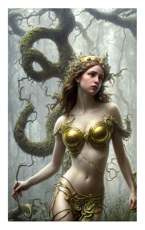 Regal woman in golden armor and crown in mystical forest with mist and vines