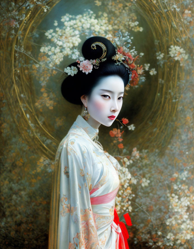 Traditional updo and makeup on elegant person in white and red garment against floral backdrop