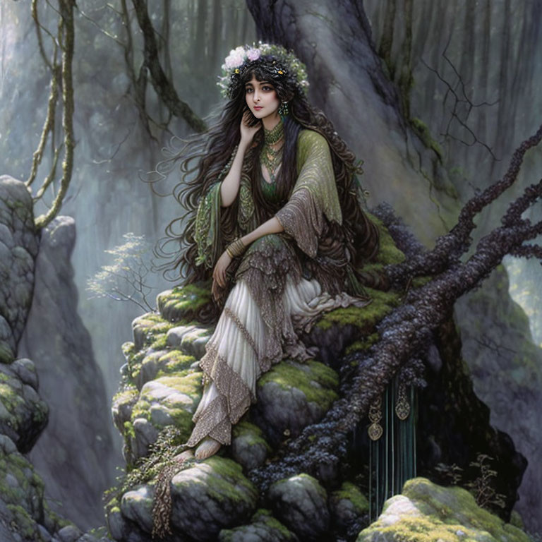 Woman with long dark hair in flowing dress sits on moss-covered rock in misty forest