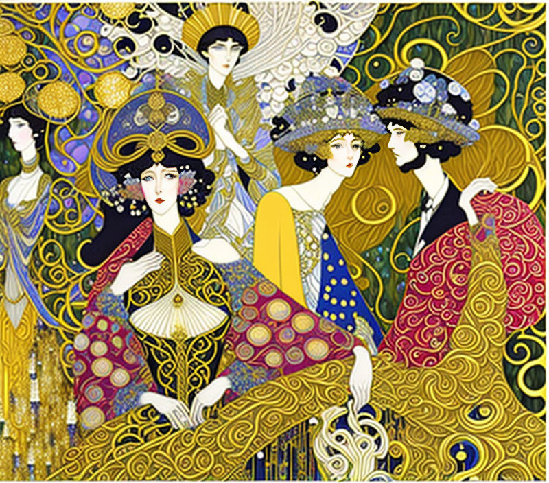 Art Nouveau Style: Elegant Figures, Vibrant Colors, Floral Motifs