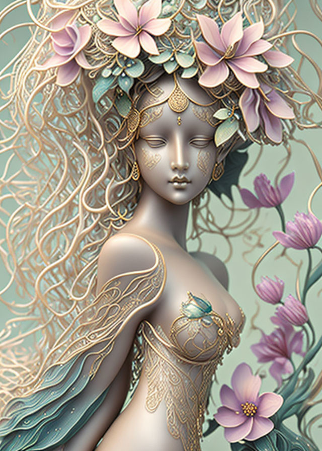 Ethereal figure adorned with golden jewelry and floral crown among pink flowers