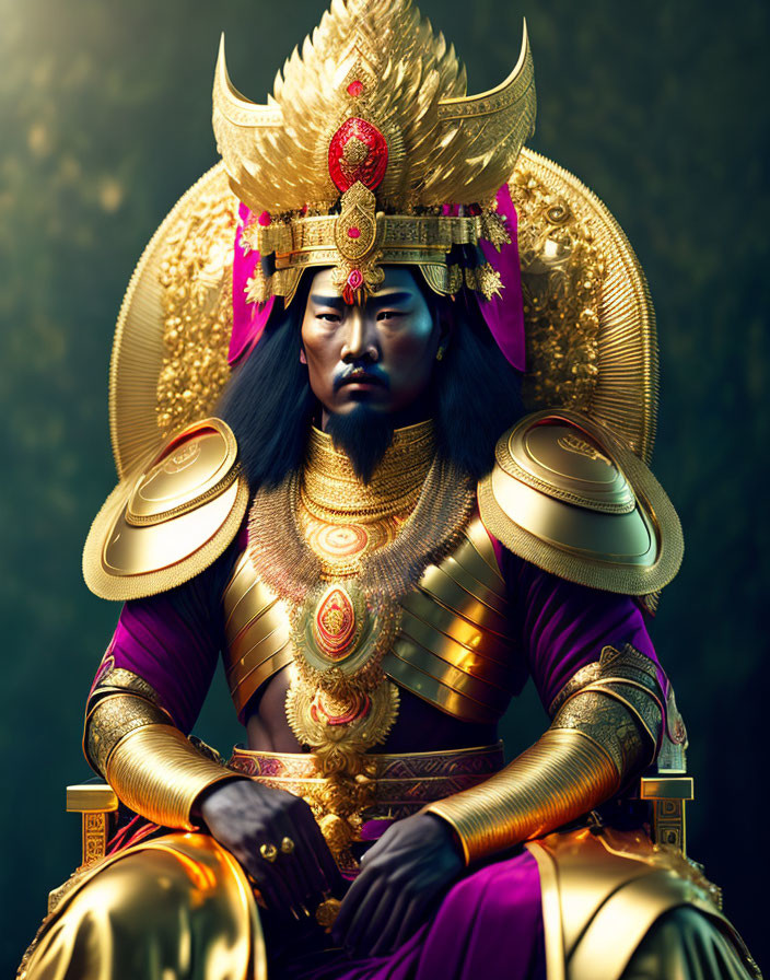 Regal figure in golden armor on ornate throne exudes power