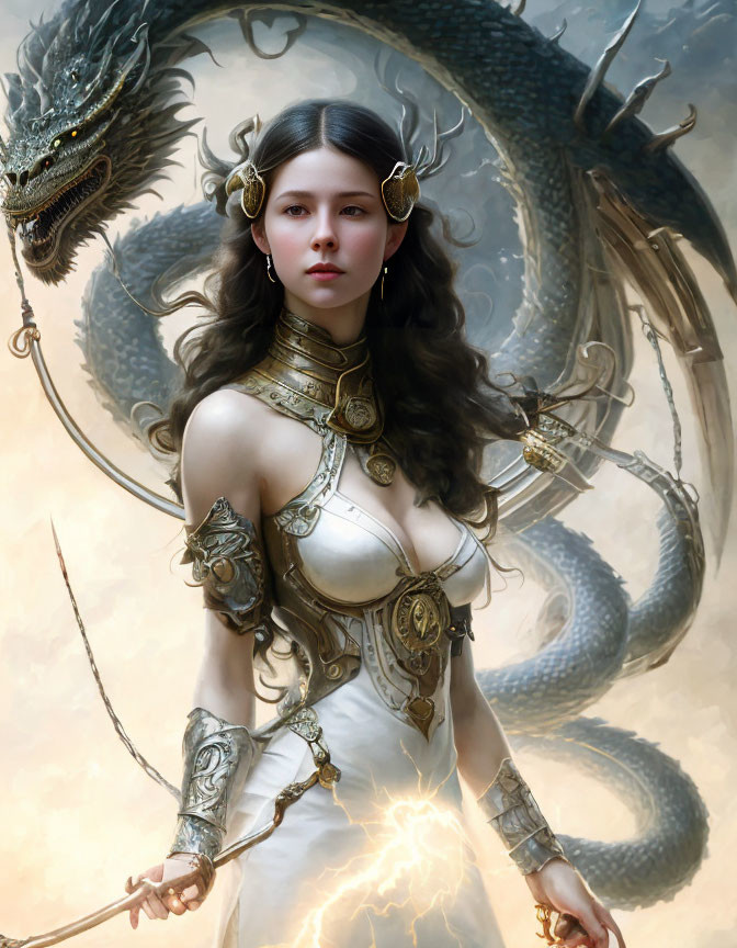 Fantasy warrior woman in dragon armor with electric sword and menacing dragon