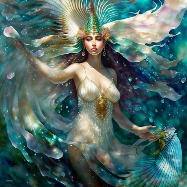 Colorful underwater scene with fantastical mermaid and lavish headpiece