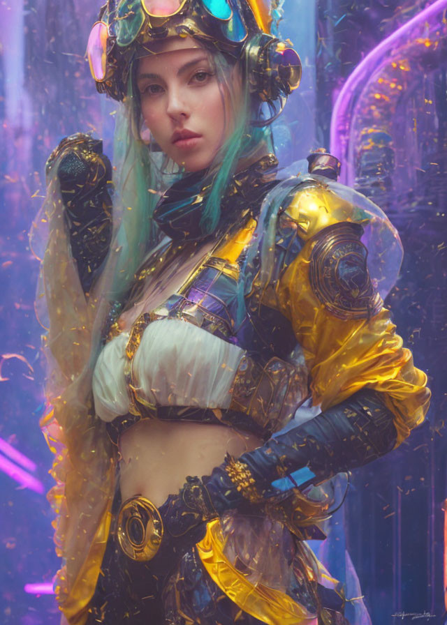 Futuristic armored woman with golden details and blue hair in neon-lit environment