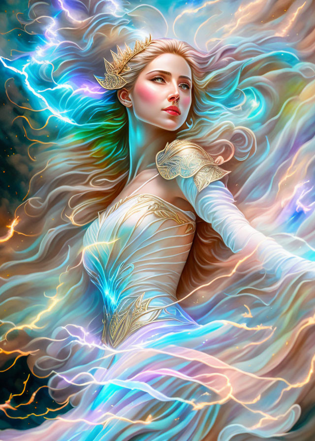 Portrait of a woman with flowing hair and crown in vibrant swirling colors
