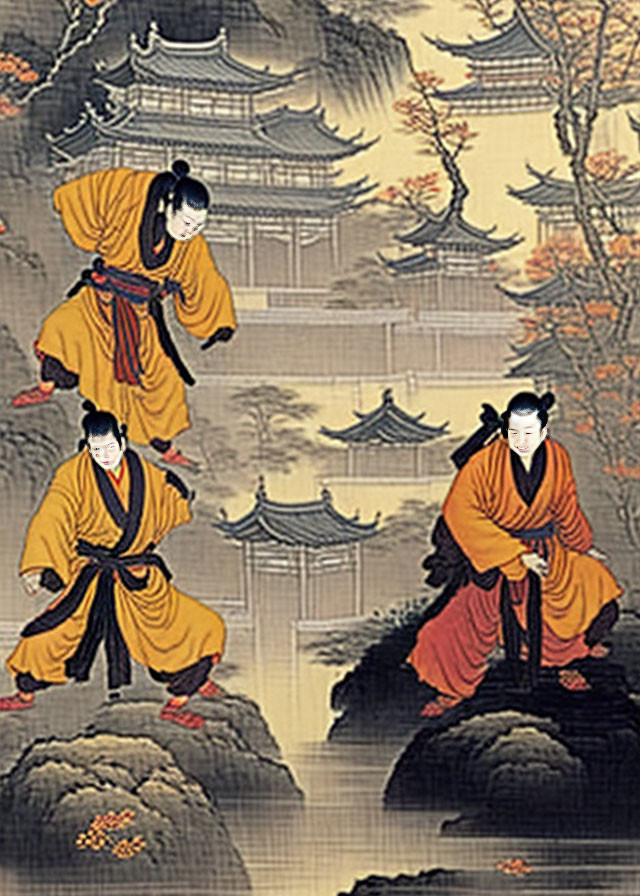 Traditional East Asian figures on antique mountain landscape painting.