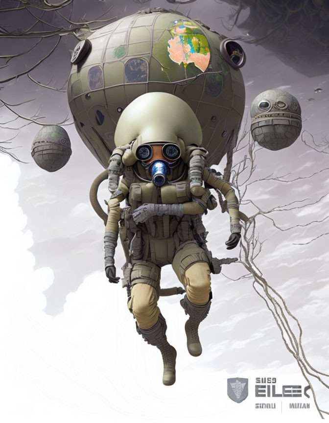 Astronaut with large Earth helmet amidst stylized planets in cloudy sky.