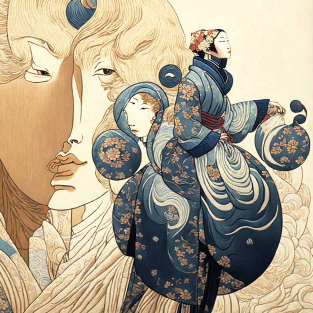 Japanese Ukiyo-e Style with Modern Twist: Intricate Patterns & Surreal Figures