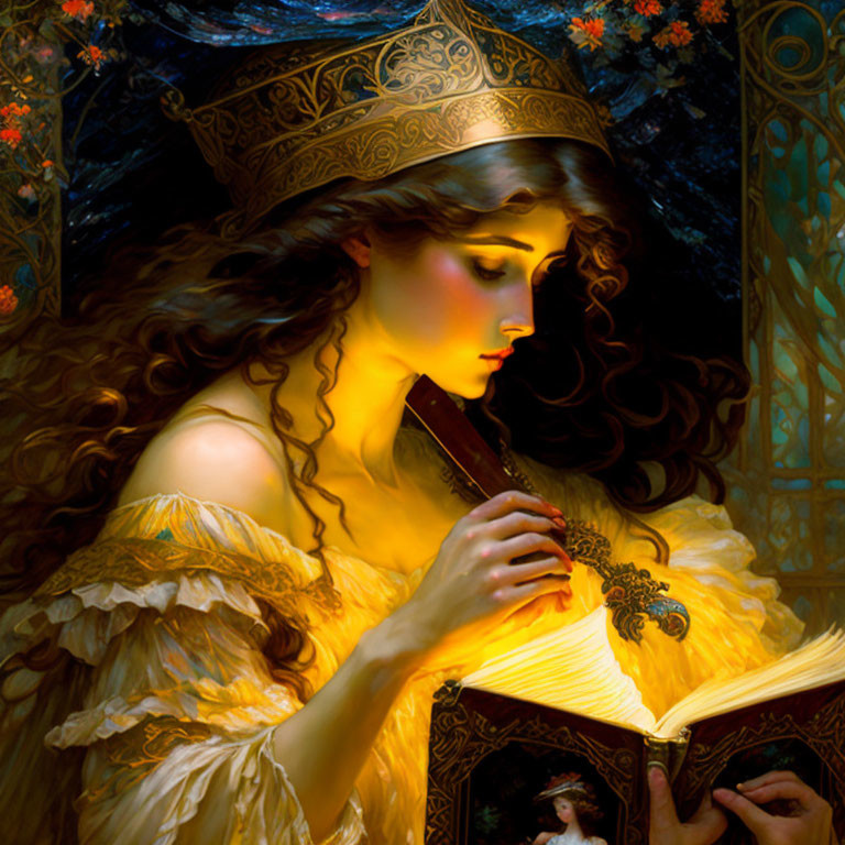 Ethereal woman in golden gown reading glowing book by candlelight