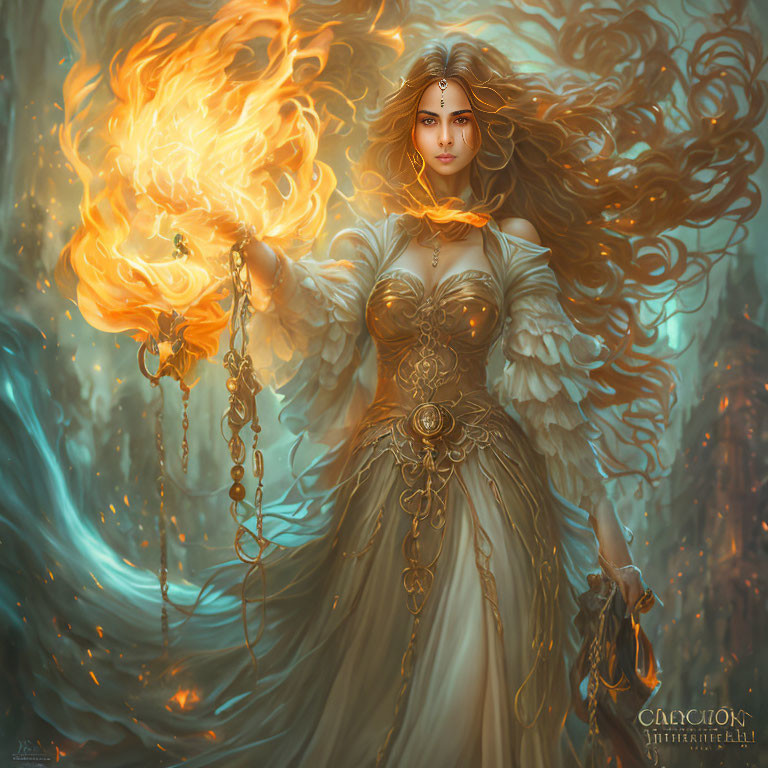 Fantasy art of woman with large wings and fiery blaze in ornate dress