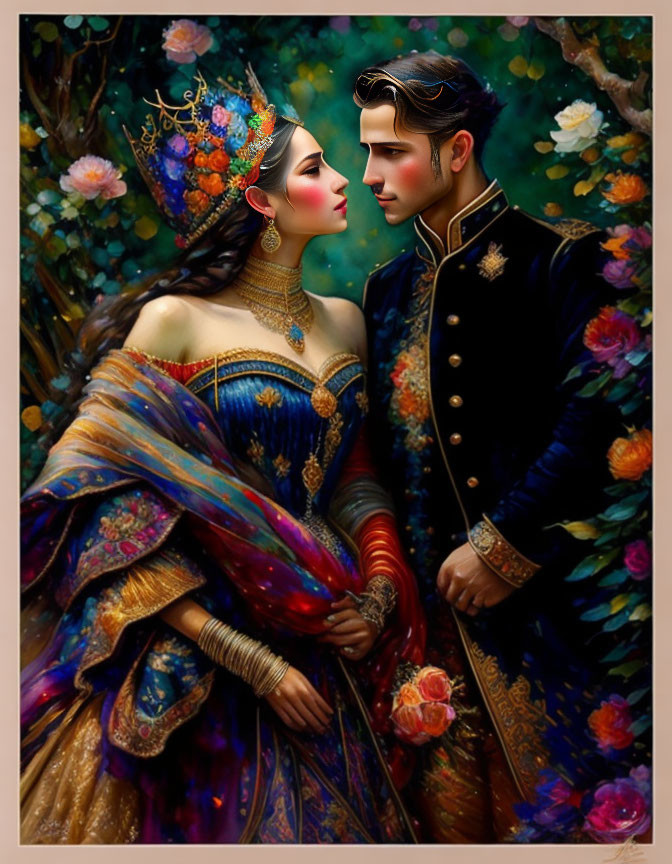 Royal couple in opulent traditional attire amidst vibrant floral backdrop