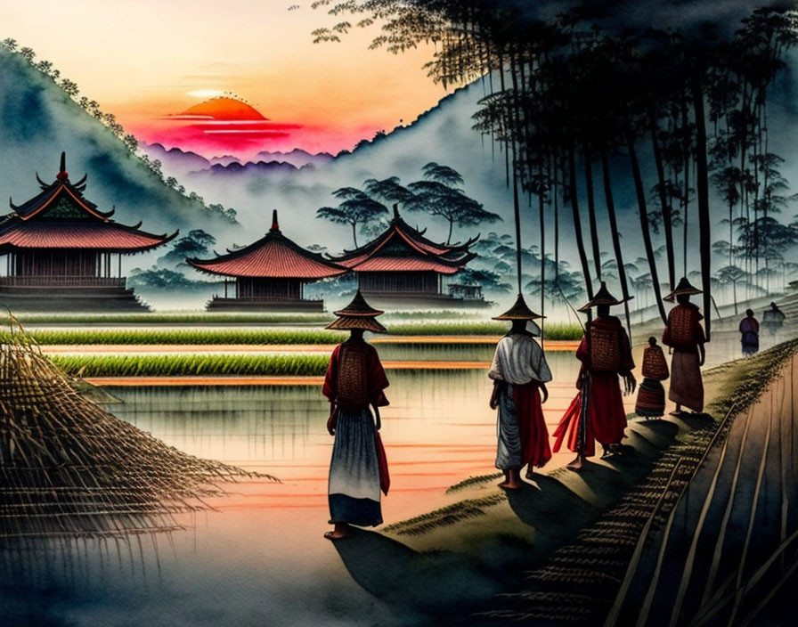 Traditional Asian architecture, bamboo trees, rice paddies, and cultural attire at sunset