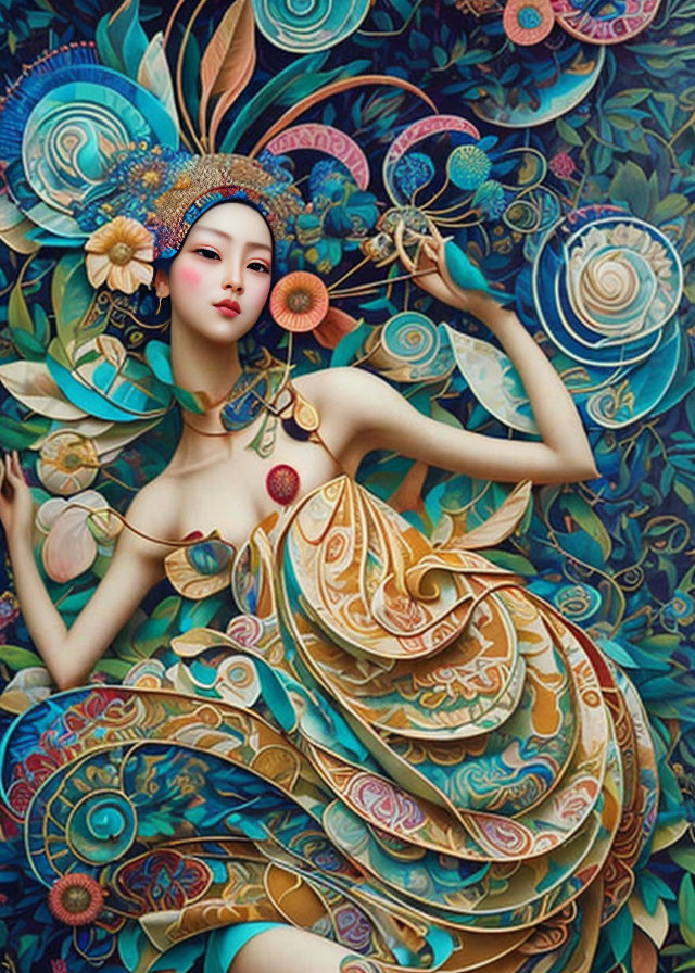 Surrealist portrait of woman with pale skin in ornate dress amid colorful foliage