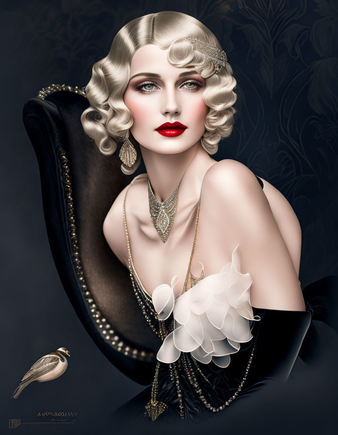 1920s Vintage Fashion Woman with Blonde Hair and Feathered Fan